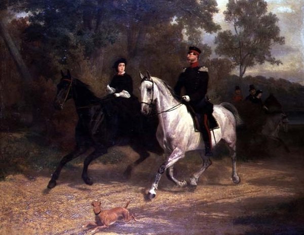 Una dama y un oficial, posiblemente el príncipe heredero y la princesa de Prusia, montando en un parque de Carl Constantin Steffeck