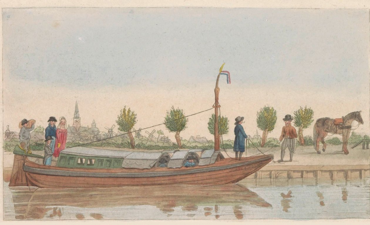 Barcaza de remolque, 1824 Een hollandsche trek or Jaagschuit / Une barque de tracte, servante au transport de voyageurs et marchandises en hollande (título sobre el objeto) de Carl Cristiaan Fuchs