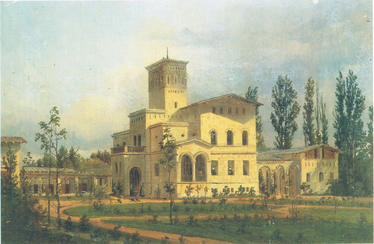 Vista del edificio de los faisanes cerca de Schloss Charlottenhof de Carl Daniel Freydanck