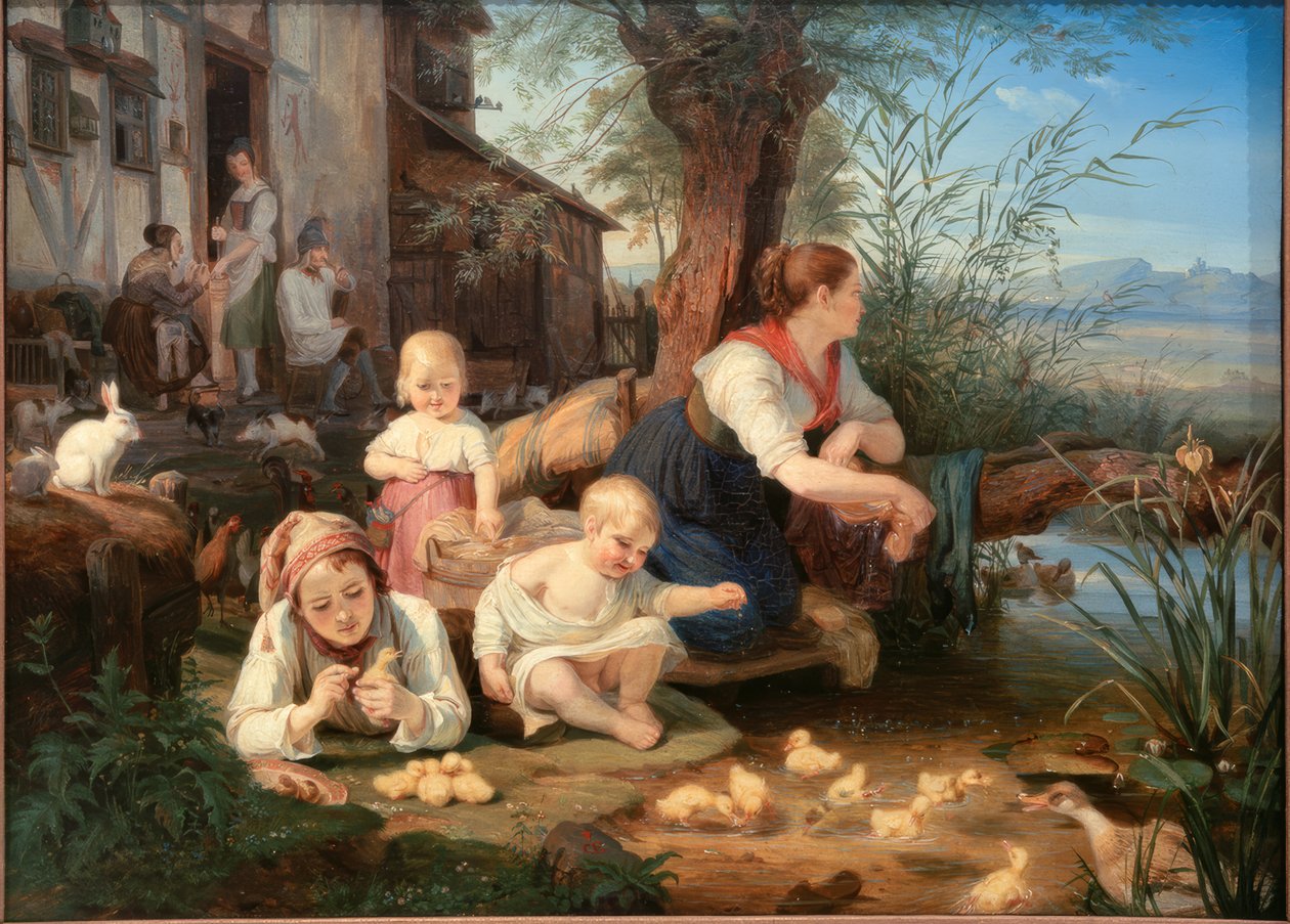 Madre con niños en el estanque del pueblo de Carl Engel von Rabenau