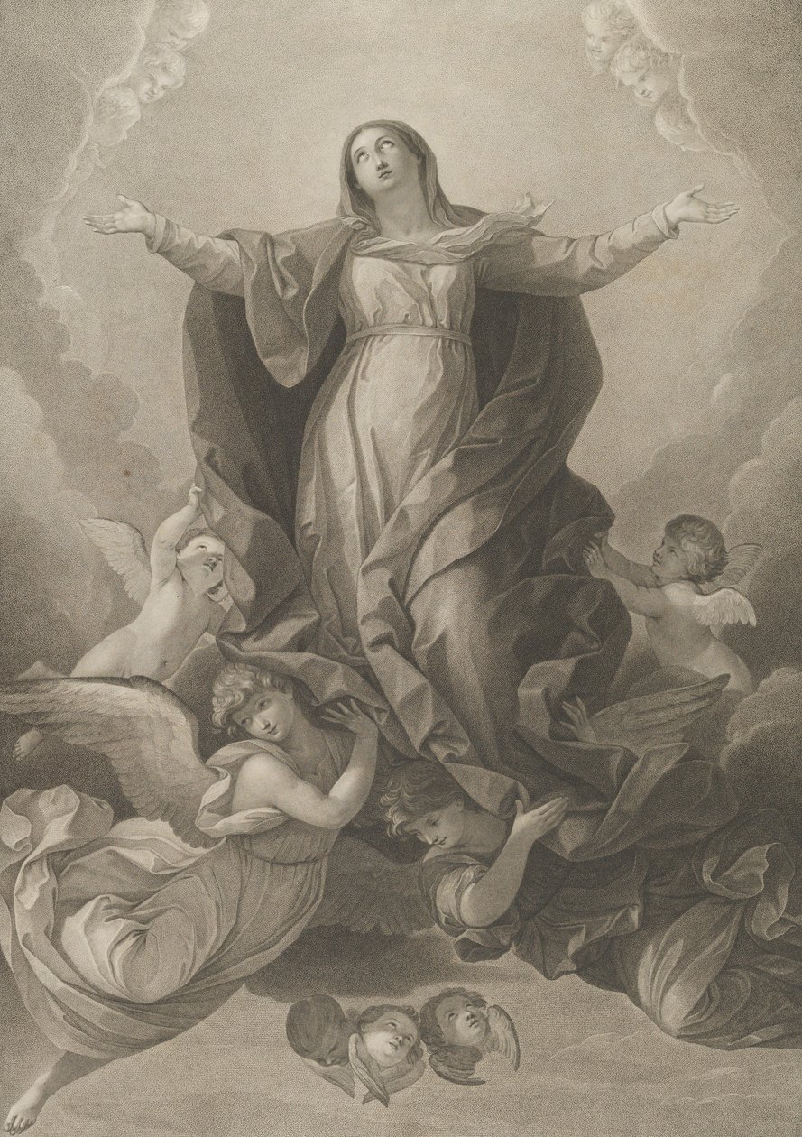 La asunción de la Virgen, que se eleva con los brazos extendidos, ángeles sosteniéndola..., 1792 de Carl Ernst Christoph Hess