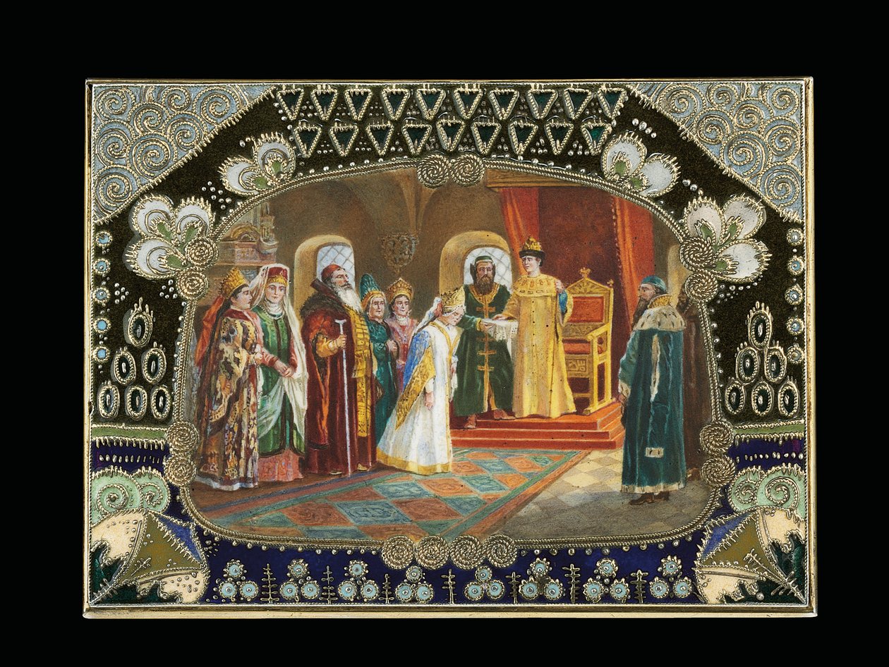 (detalle) del cartucho pintado de una caja de mesa, que representa al zar Alexei Mikhailovich eligiendo una novia, c.1908-1917 de Carl Fabergé