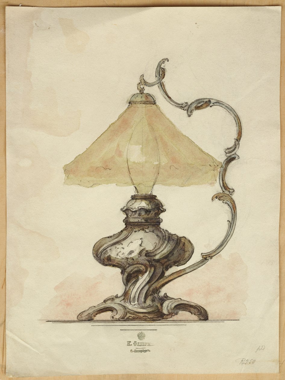 Dibujo de una lámpara de mesa de plata con un cuerpo acanalado retorcido en estilo rococó, Casa de Carl Fabergé de Carl Fabergé