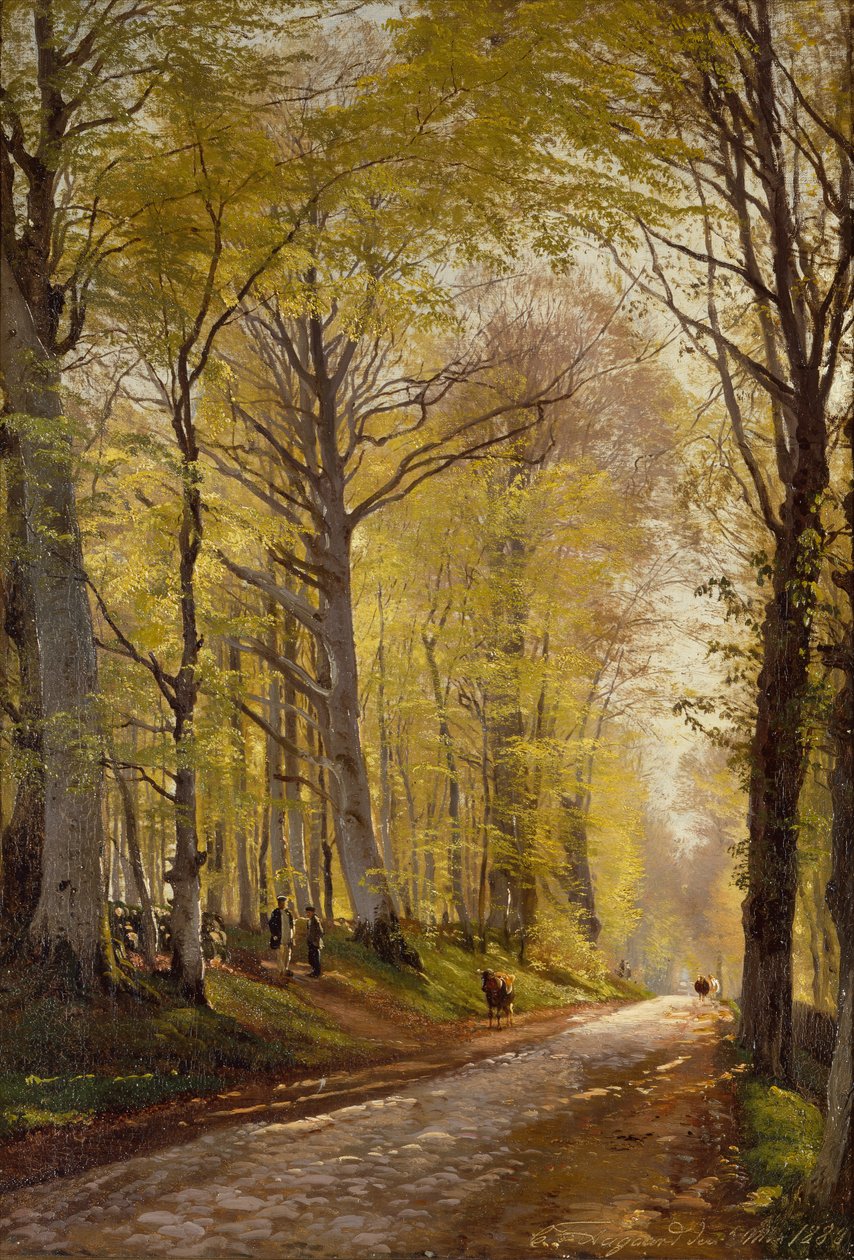 Un camino arbolado con pastores y ganado (óleo sobre lienzo) de Carl Frederick Aagaard