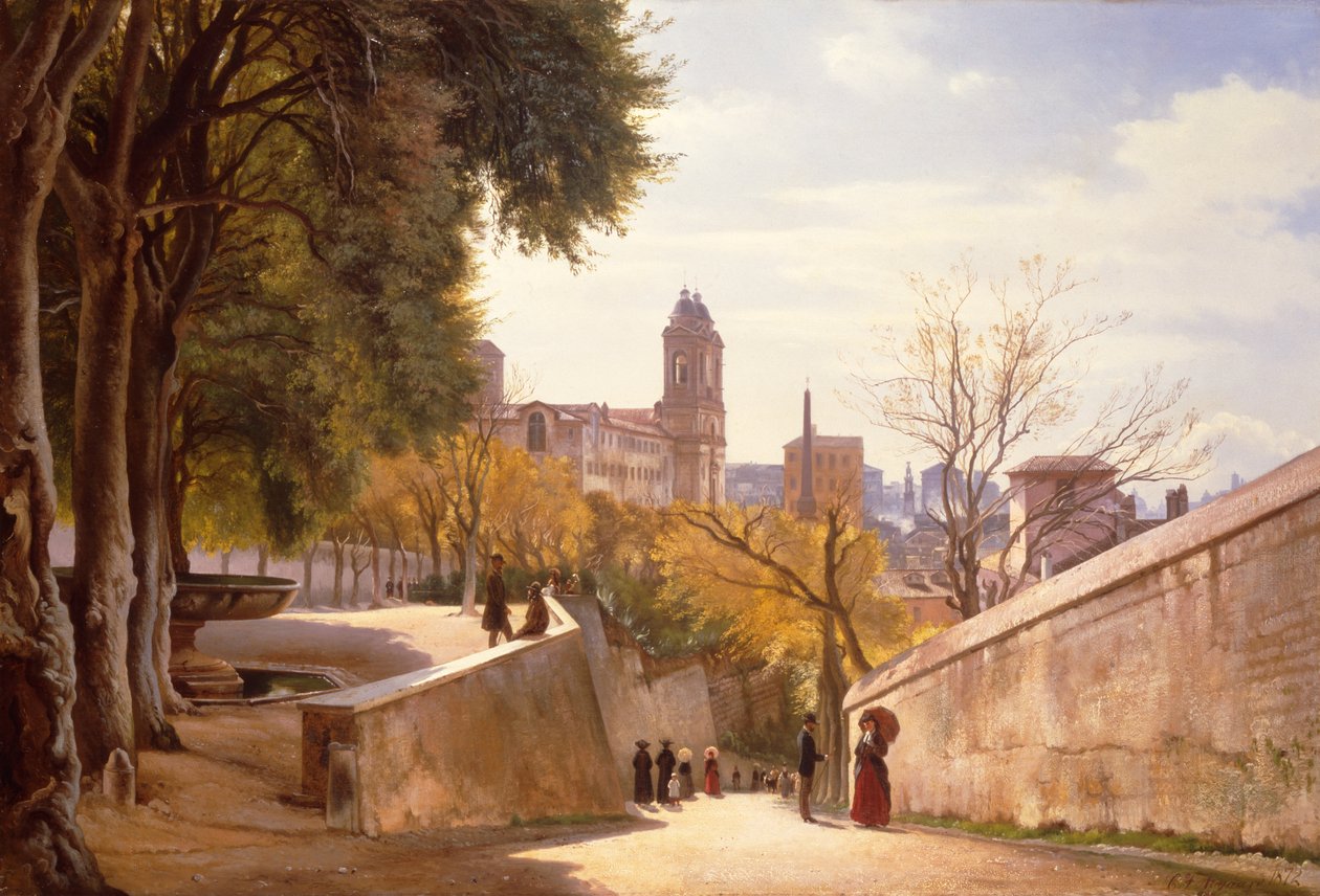 Vista de Viale Trinità dei Monti con la fuente de Villa Medici, vista desde Via di San Sebastianello, Roma de Carl Frederick Aagaard