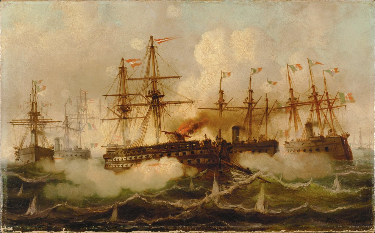 Batalla naval cerca de Lissa ... (pintura sobre lienzo) de Carl Frederik Sørensen