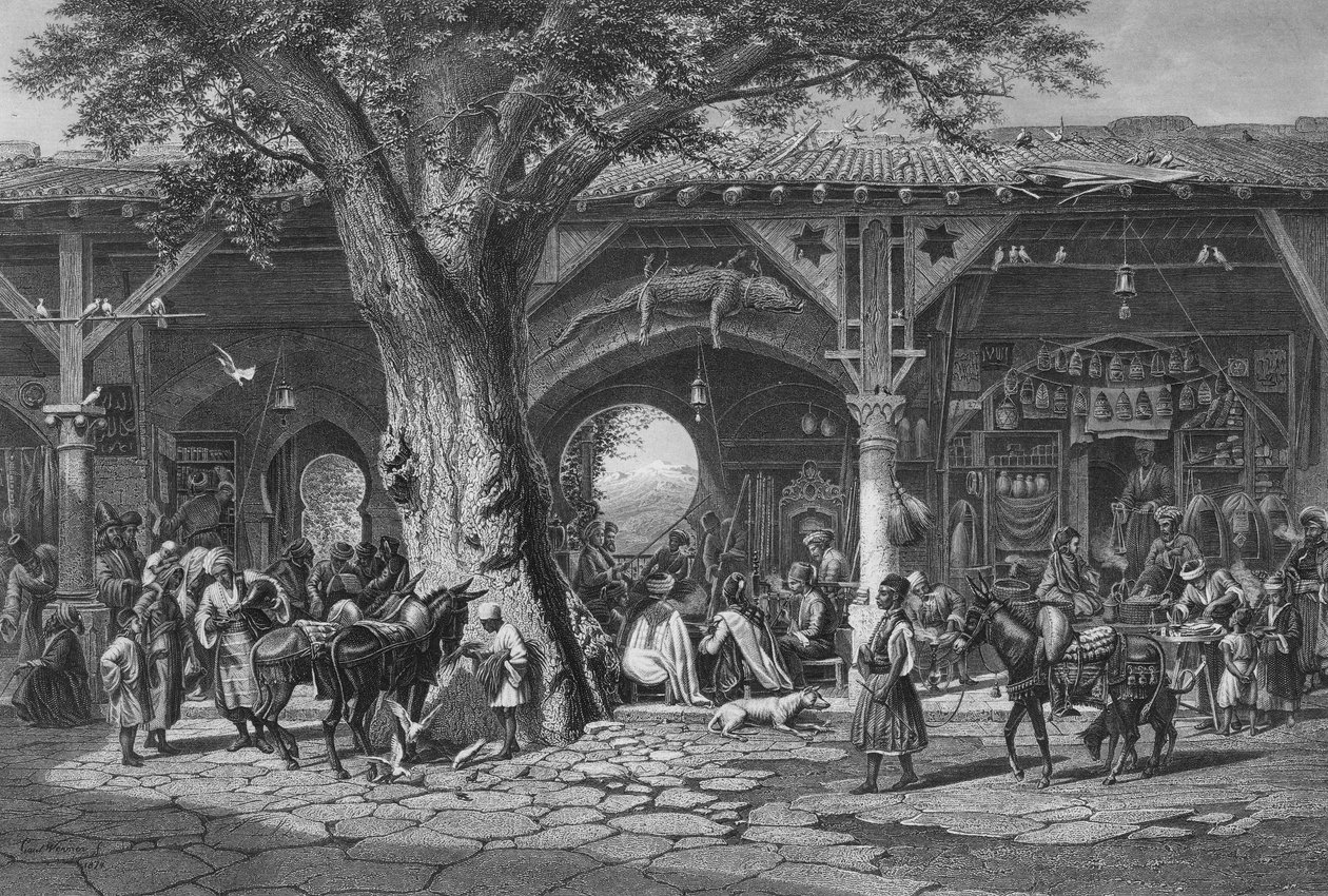 Una calle en Damasco, grabado por C. Bertrand de Carl Friedrich Heinrich Werner