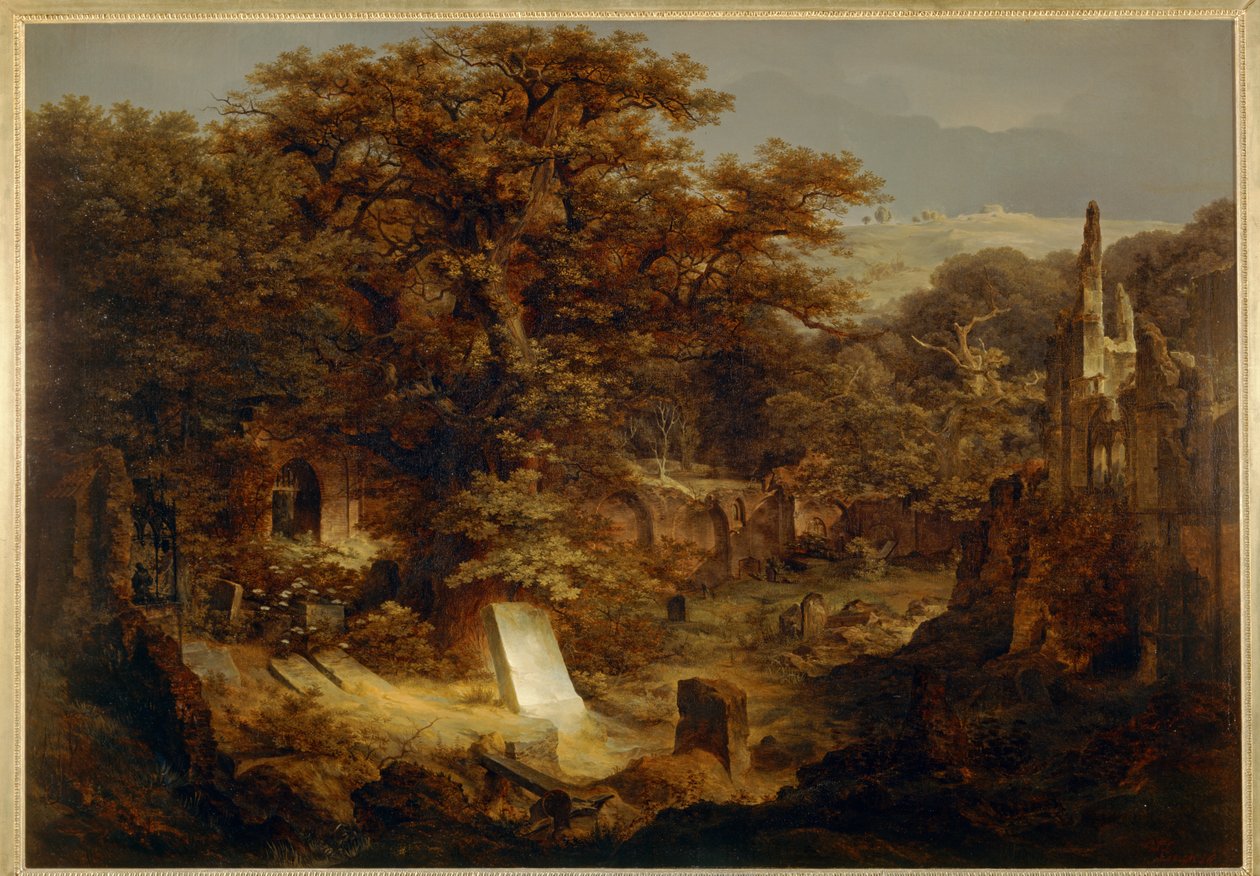 Cementerio y ruinas cubiertas de árboles ... de Carl Friedrich Lessing