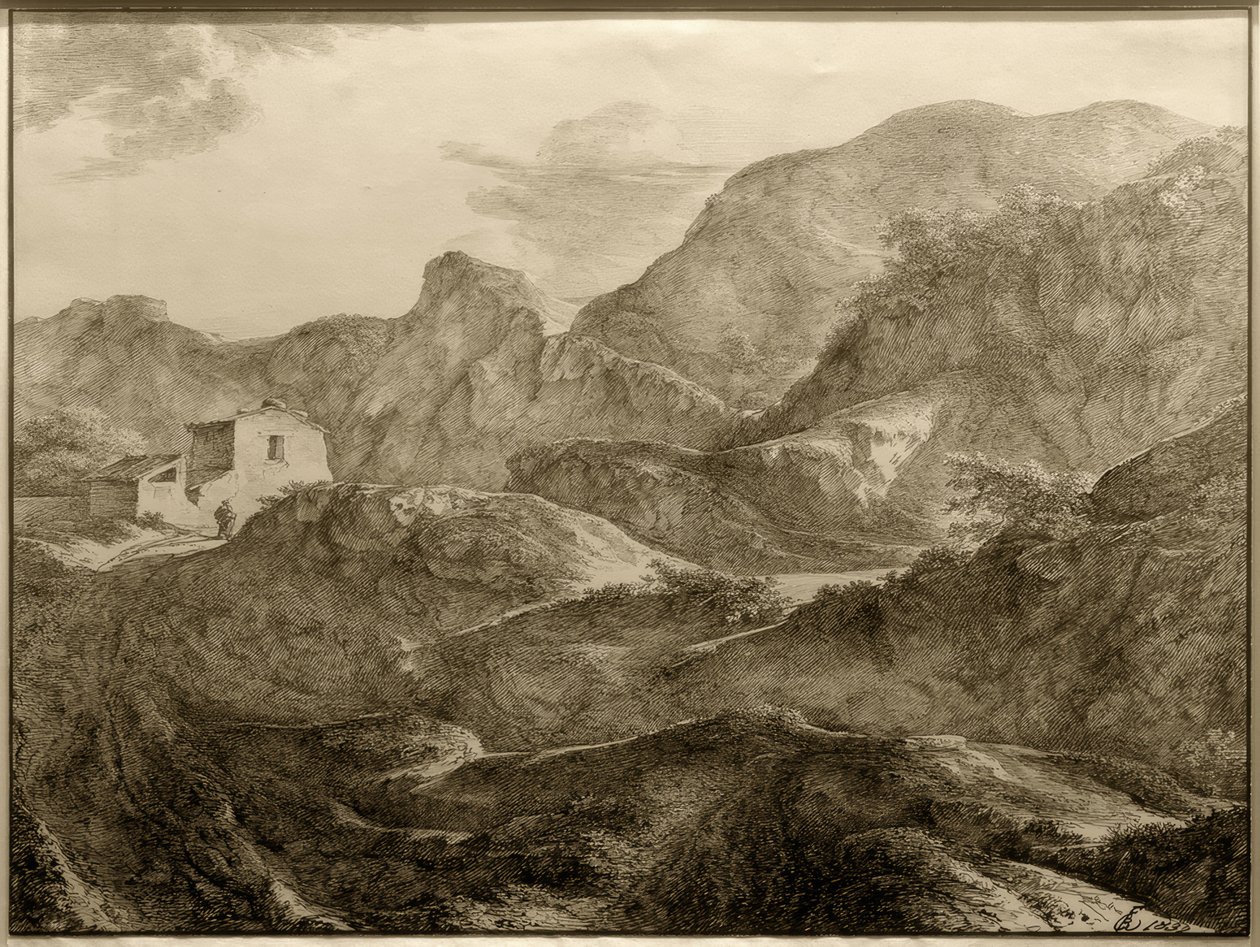 Paisaje montañoso, a la izquierda una casa con un caminante delante de Carl Friedrich von Rumohr