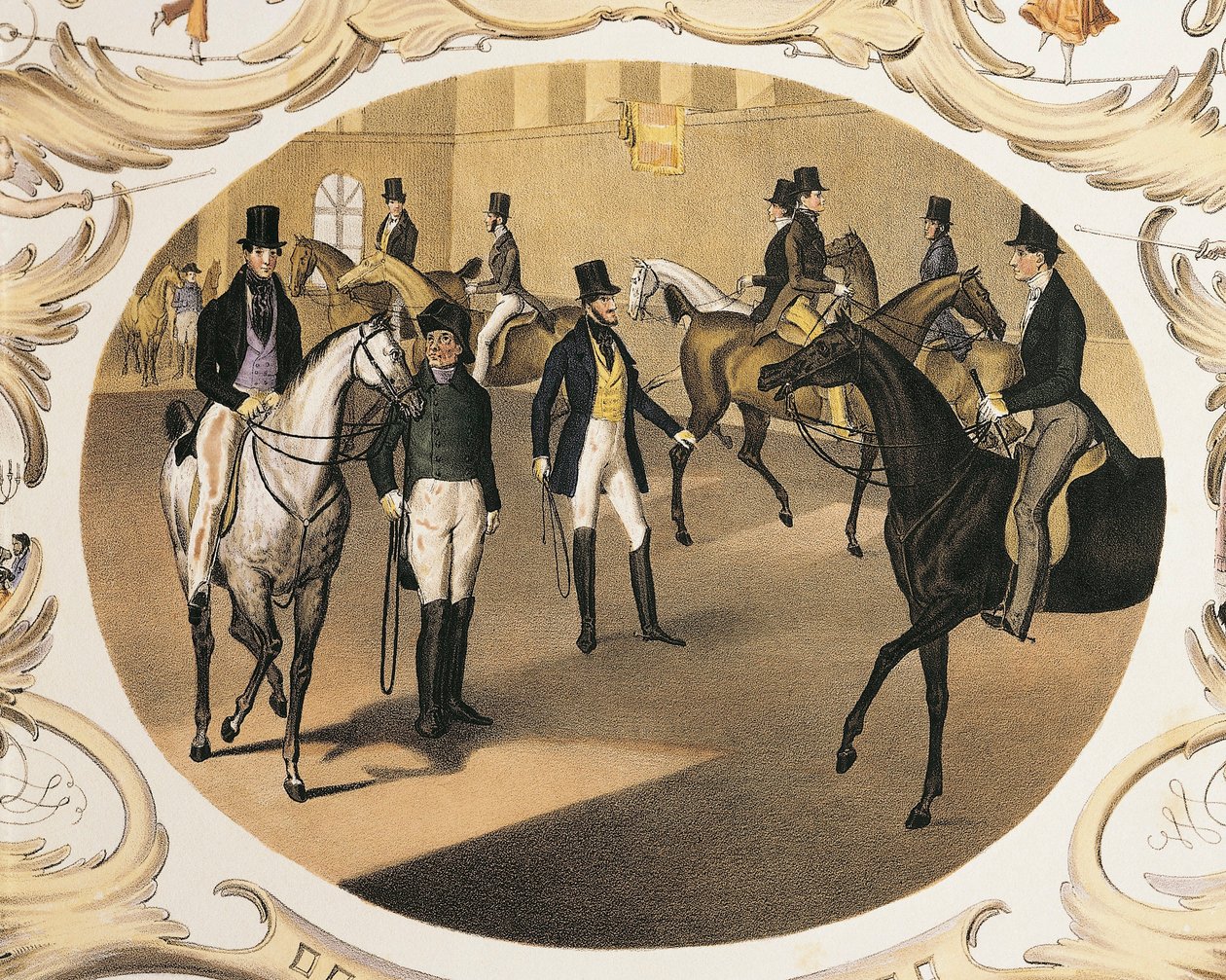Austria, Viena, Escuela de Equitación de Carl Kunz y Johann Geiger, Litografía en color de Carl and Geiger Peter Johann Nepomuk Kunz