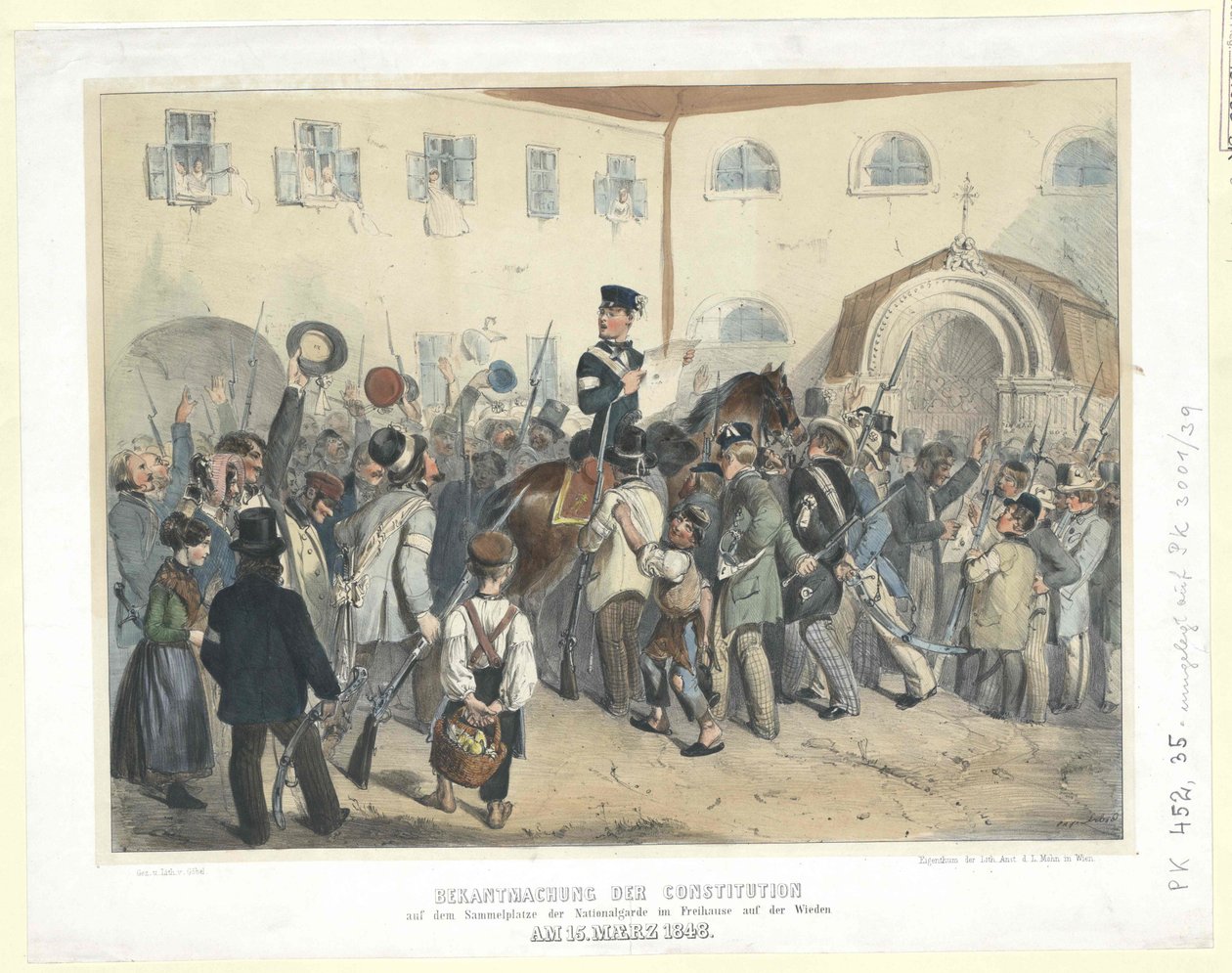 Proclamación de la Constitución en el lugar de reunión de la Guardia Nacional en la Freihaus (Casa Libre) en el Wieden el 15 de marzo de 1848 (litografía coloreada) de Carl Goebel