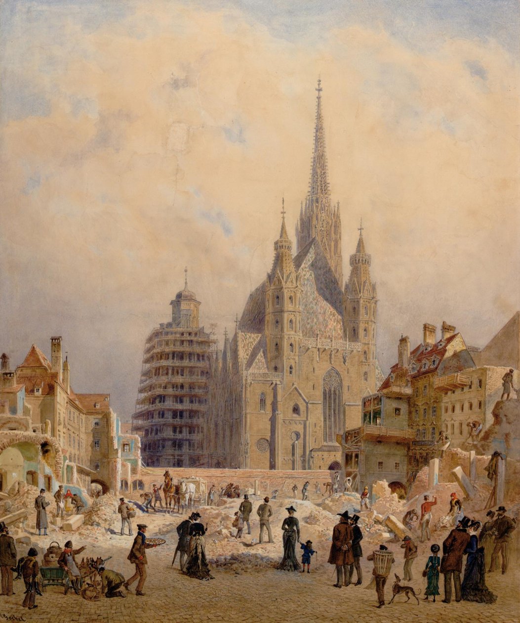 Vista de la catedral de San Esteban durante la demolición del lugar del incendio de Carl Goebel der Jüngere