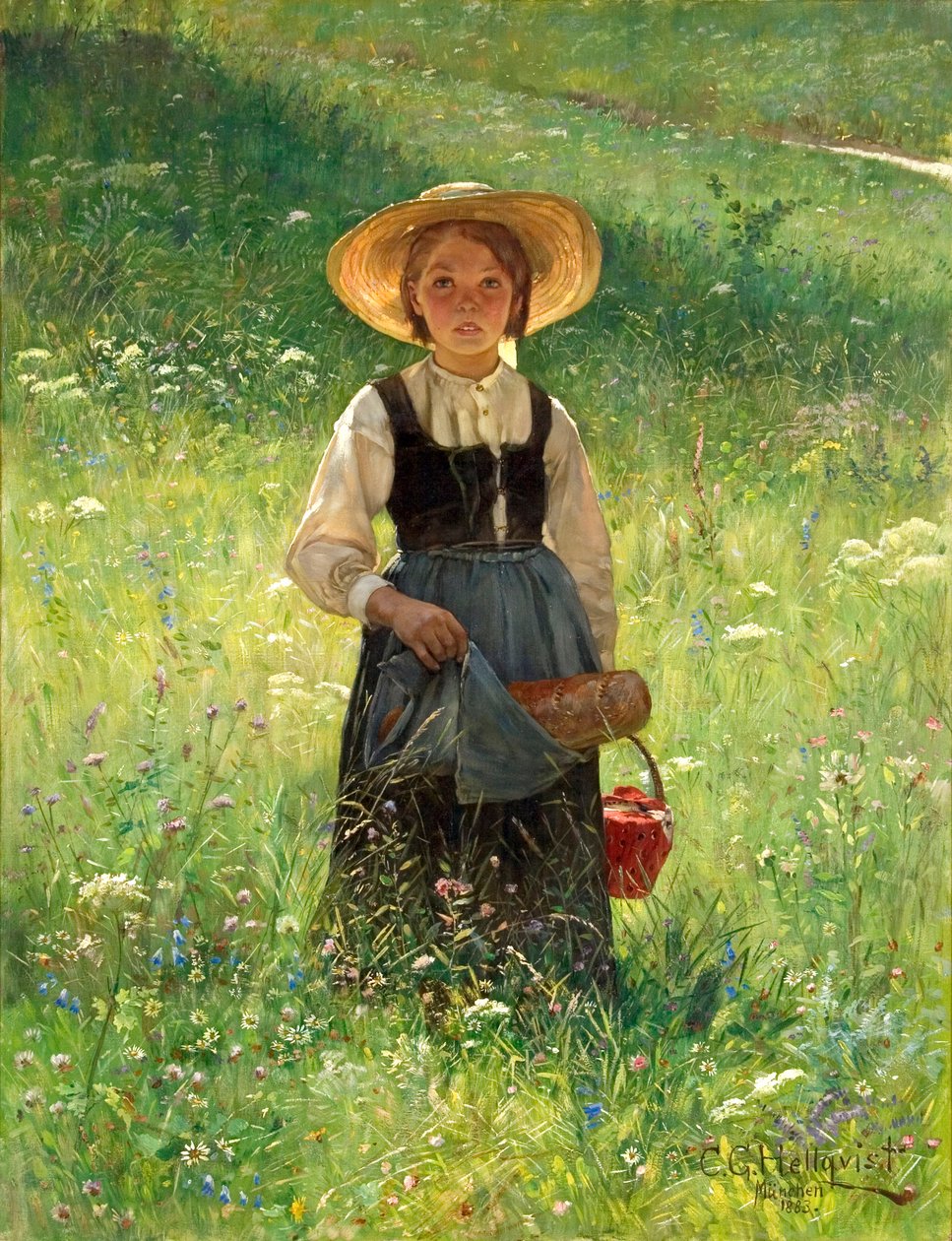 Niña en un prado en flor de Carl Gustaf Hellqvist