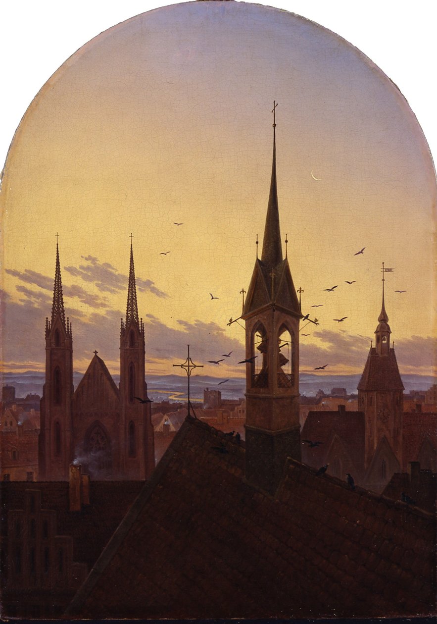 Alemán: Frühläuten (Altdeutsche Stadt im Frühlicht) Morning peal (Ciudad alemana antigua a la luz de la mañana) de Carl Gustav Carus