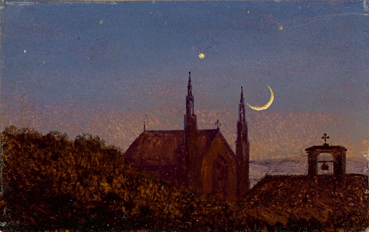 Alemán: Gothic church above treetops by moonlight (Pequeño paisaje iluminado por la luna con una pequeña iglesia) de Carl Gustav Carus