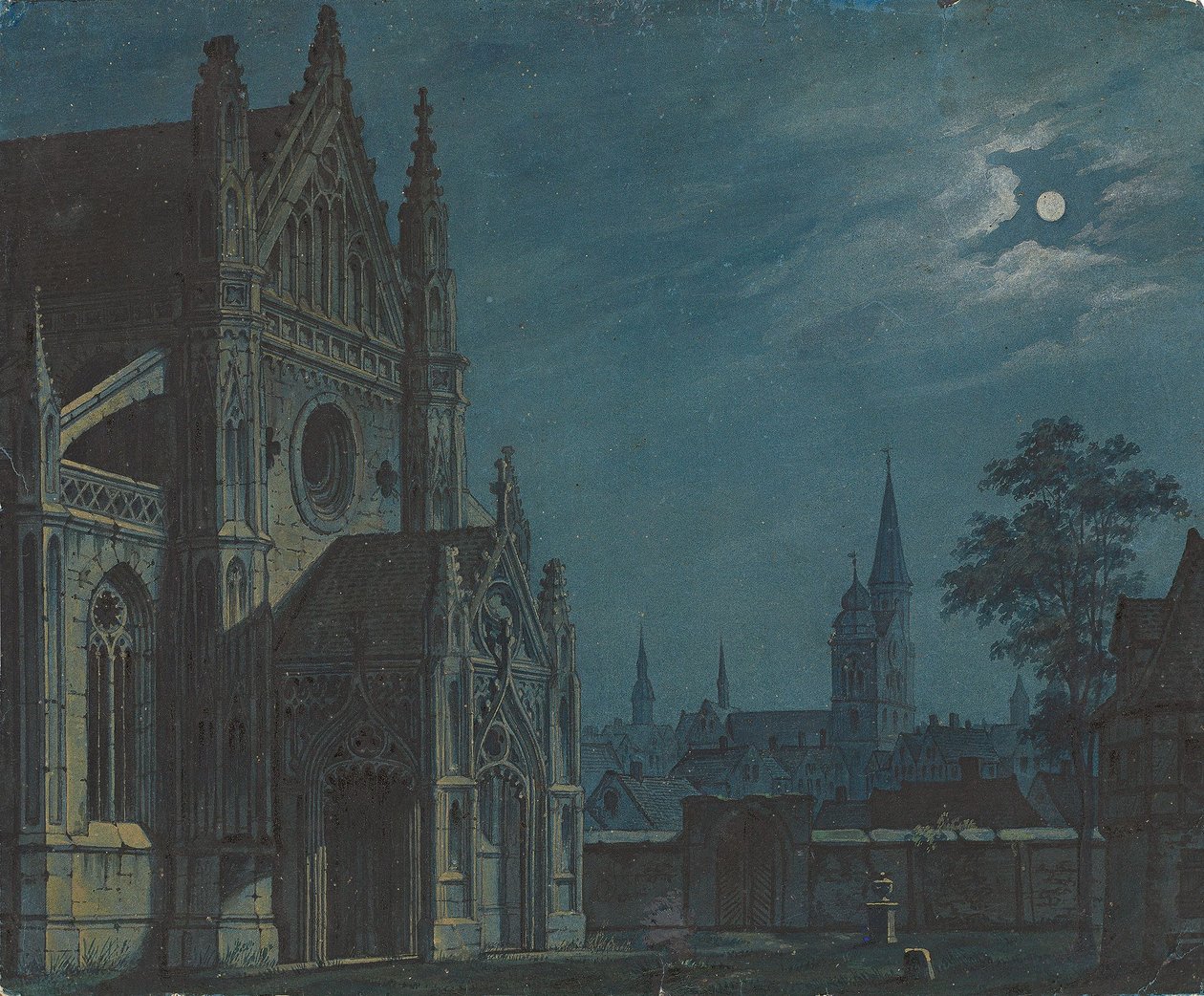 Alemán: Luz de luna sobre el patio de una iglesia gótica con ricas tracerías / Forecourt of a Gothic church by moonlight de Carl Gustav Carus