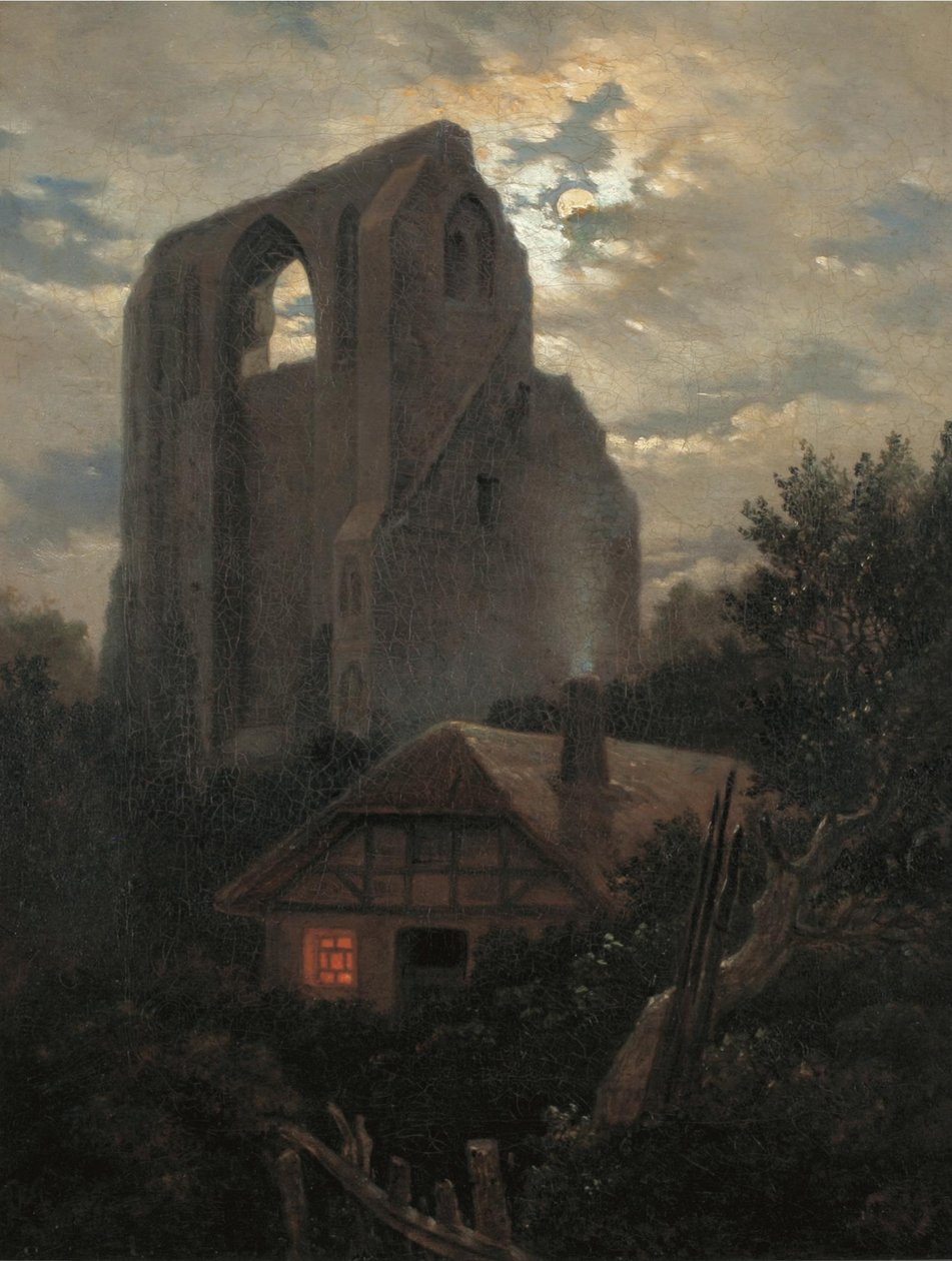 Ruinas del Monasterio de Eldena con cabaña cerca de Greifswald a la luz de la luna, 1820 de Carl Gustav Carus