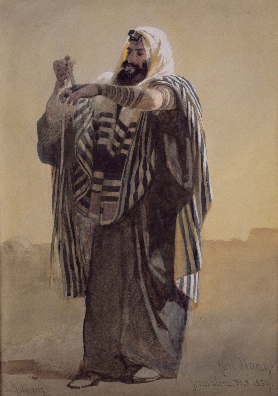 Un pastor de Jerusalén enrollando los filacterios para la mano, 1895 de Carl Haag