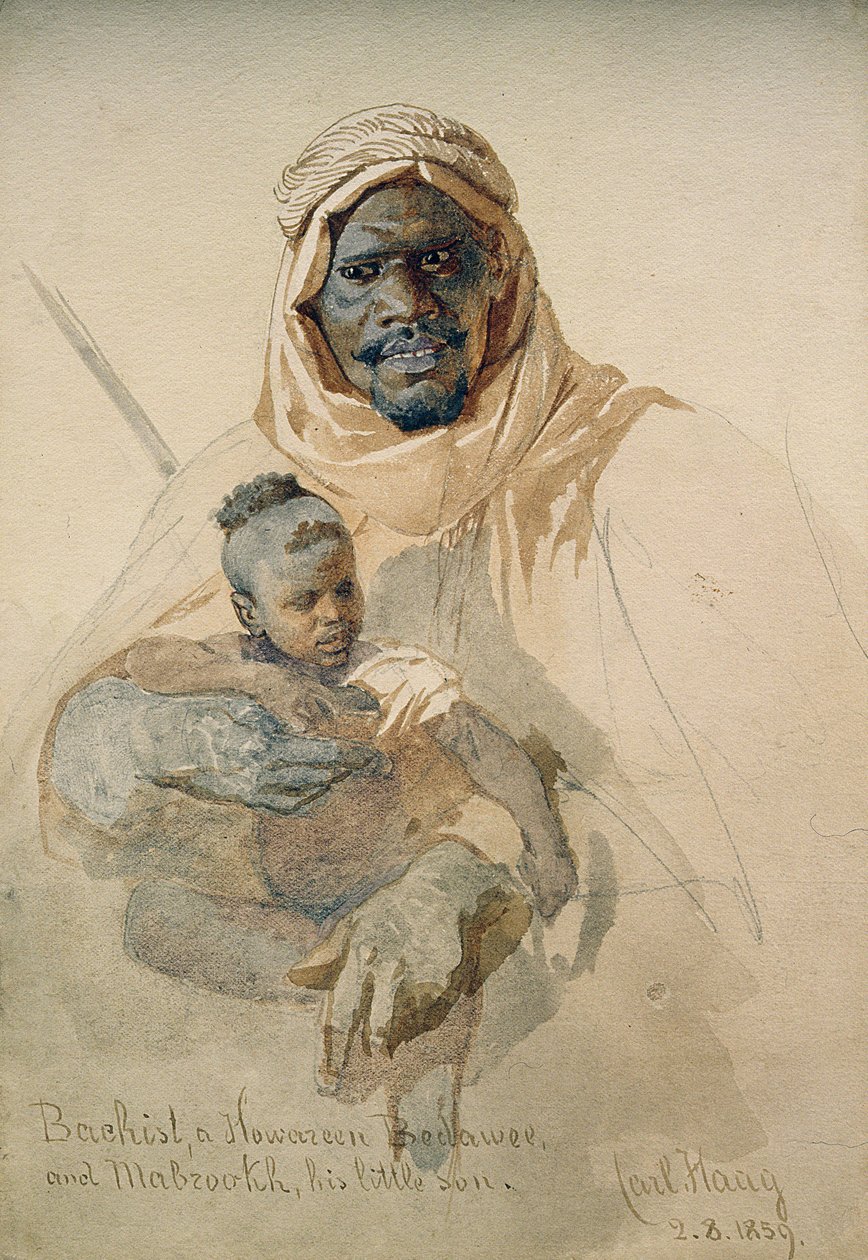 Bachist, un Howazeen Bedawee y Mabzookh, su pequeño hijo, 1859 de Carl Haag