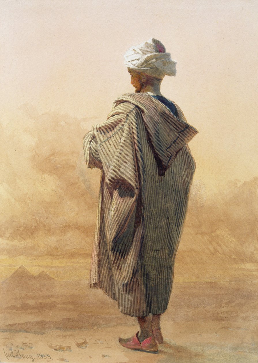 El Cairo, un árabe al anochecer frente a las pirámides de Carl Haag