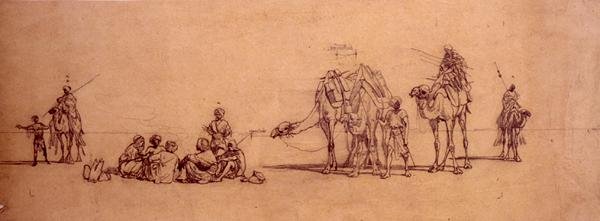 Figuras y camellos en el desierto de Carl Haag