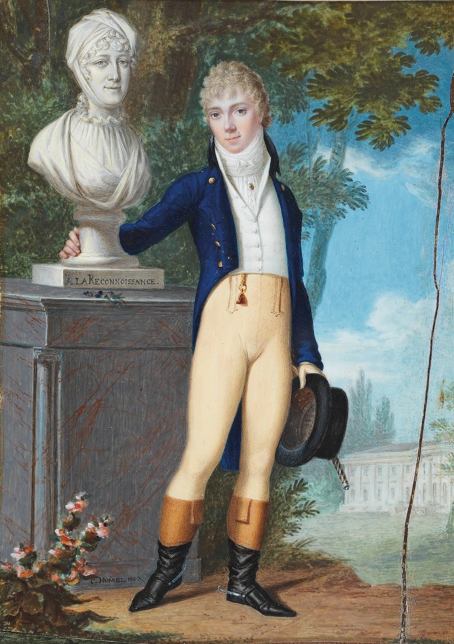 Alemán: Retrato de un joven caballero en traje de montar, en el parque de un castillo, de pie junto al busto de su madre con la inscripción "à la Reconnaissance" (en agradecimiento) - según la leyenda del reverso, se trata del joven de 14 años Franz de Pau de Carl Hummel