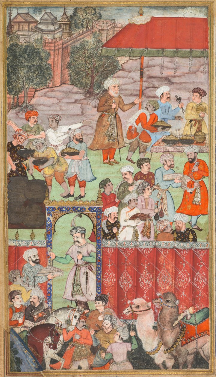 Una fiesta para Babur organizada por su medio hermano Jahangir Mirza en Ghazni en mayo de 1505, de un Babur-nama (Memorias de Babur) de Carl Julius Rieden