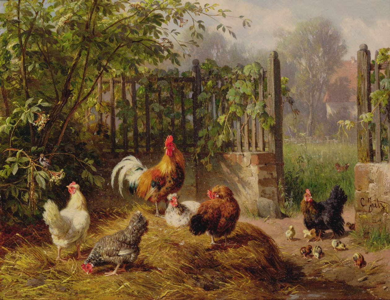 Gallo con gallinas y pollitos de Carl Jutz
