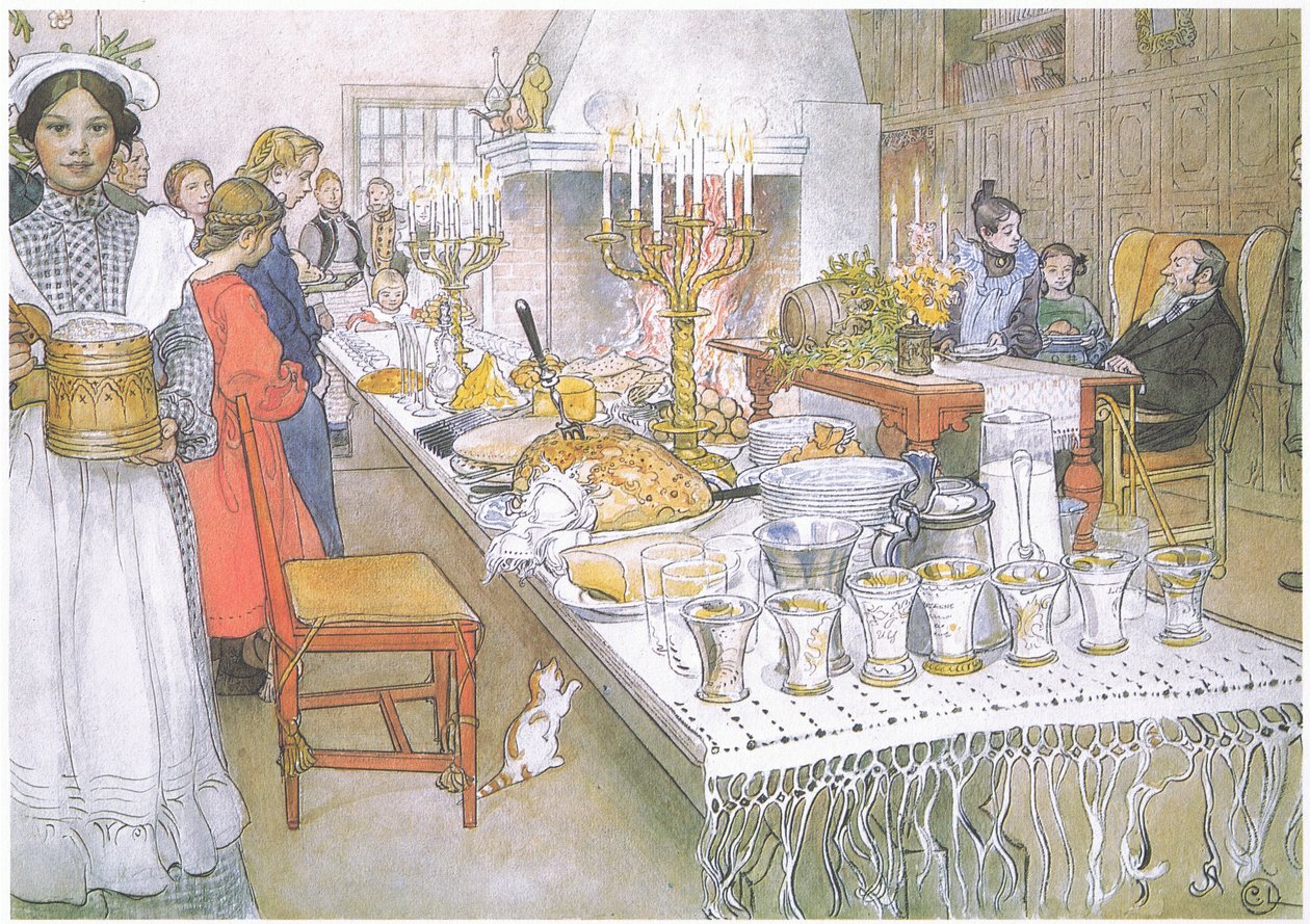 En Nochebuena, la enorme y larga mesa del gran salón está absolutamente cubierta con la comida (litografía en color) de Carl Larsson