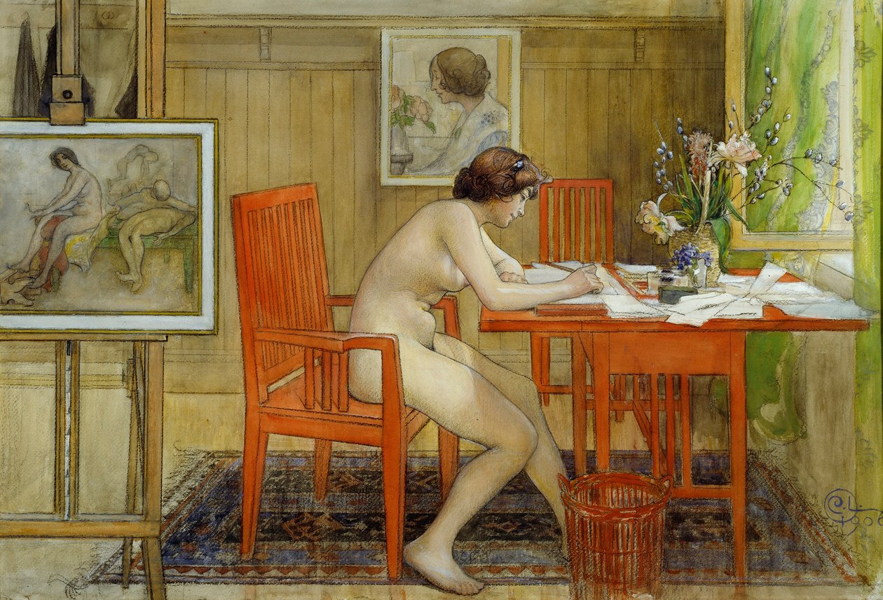 La modelo escribiendo una postal de Carl Larsson