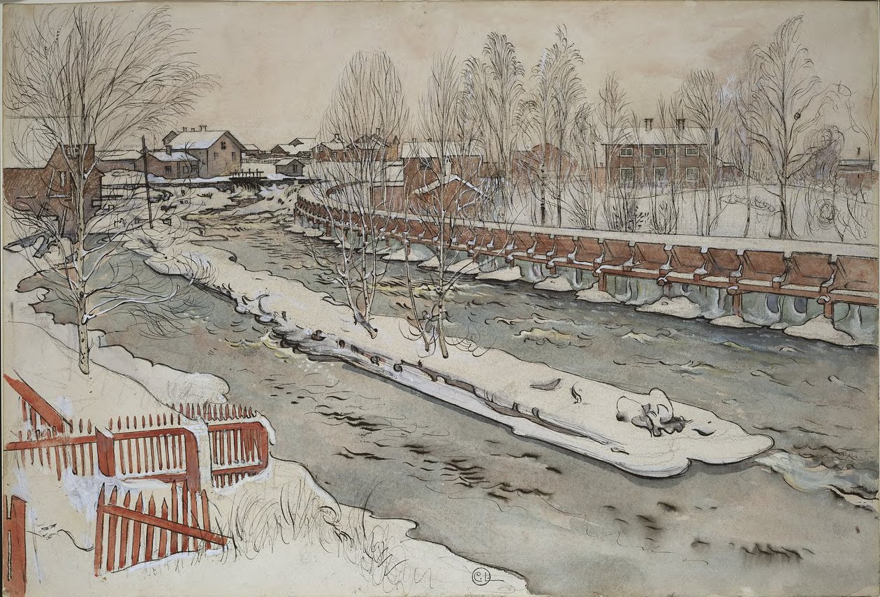 «The Timber Chute». Paisaje invernal. De la colección «A Home» (26 acuarelas) de Carl Larsson