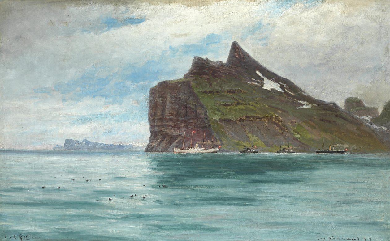 Vista desde el Cabo Norte, Islandia, del Viaje Real Danés de 1907 con el vapor SS Birma de Carl Locher