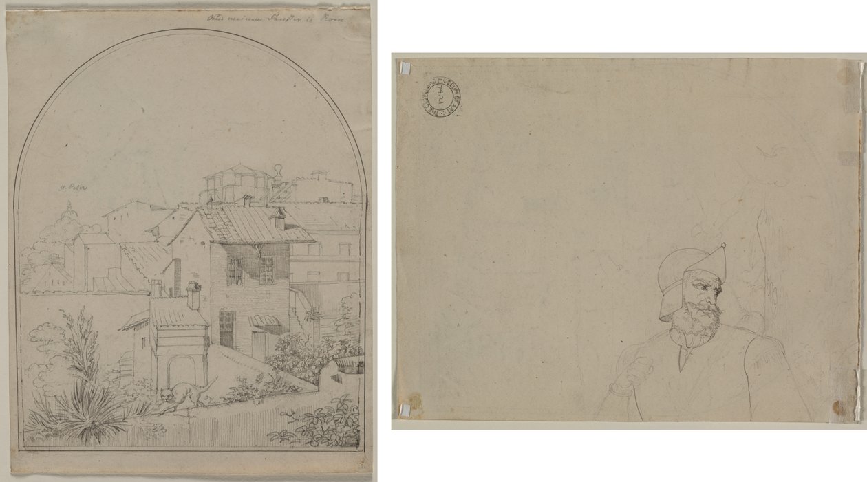 View from My Window in Rome (recto) Soldier in a Landscape (verso)  de Carl Ludwig Tischbein