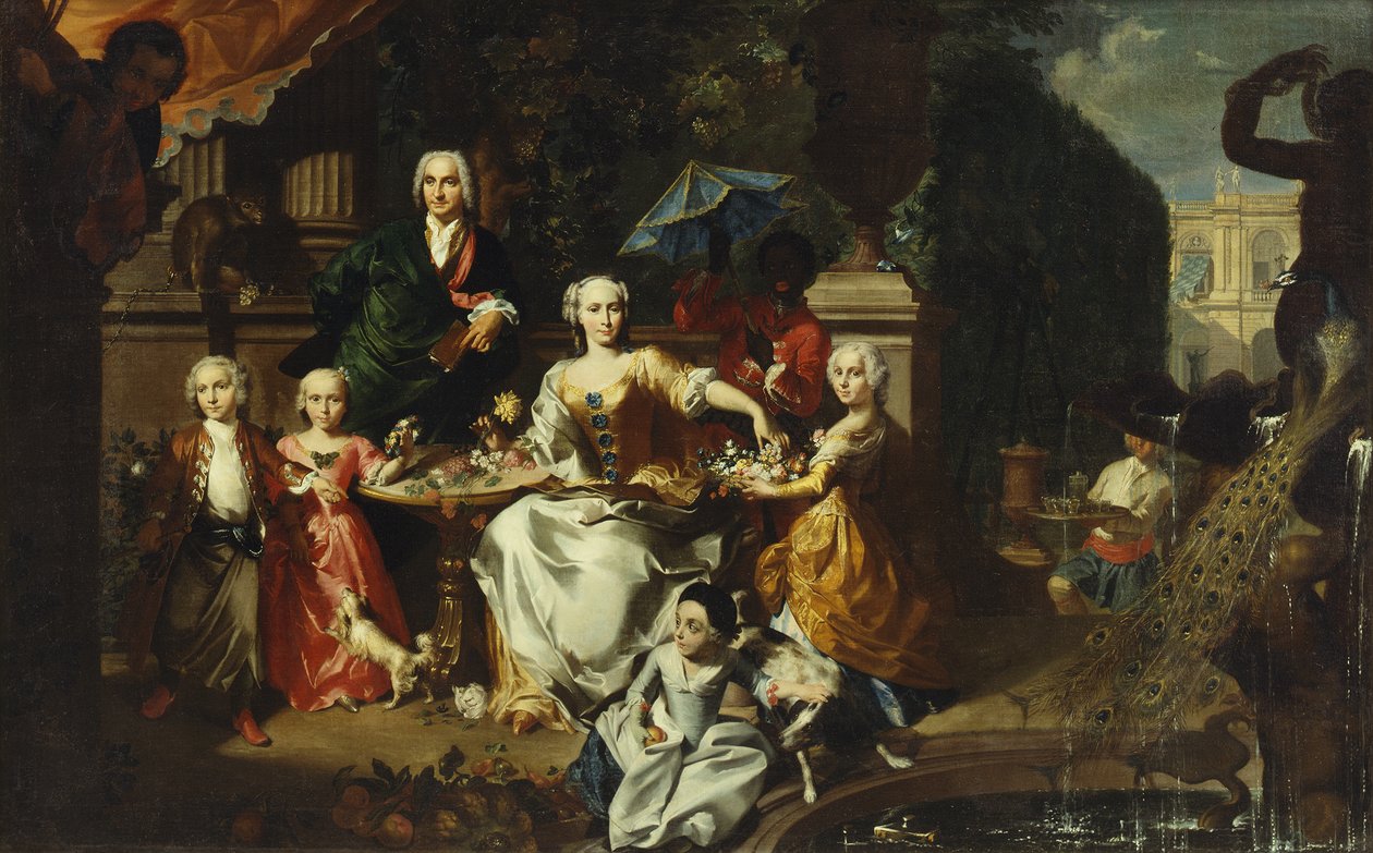 Un grupo familiar en una terraza en los terrenos de una villa, posiblemente George Jackson y su familia, 1737 de Carl Marcus Tuscher