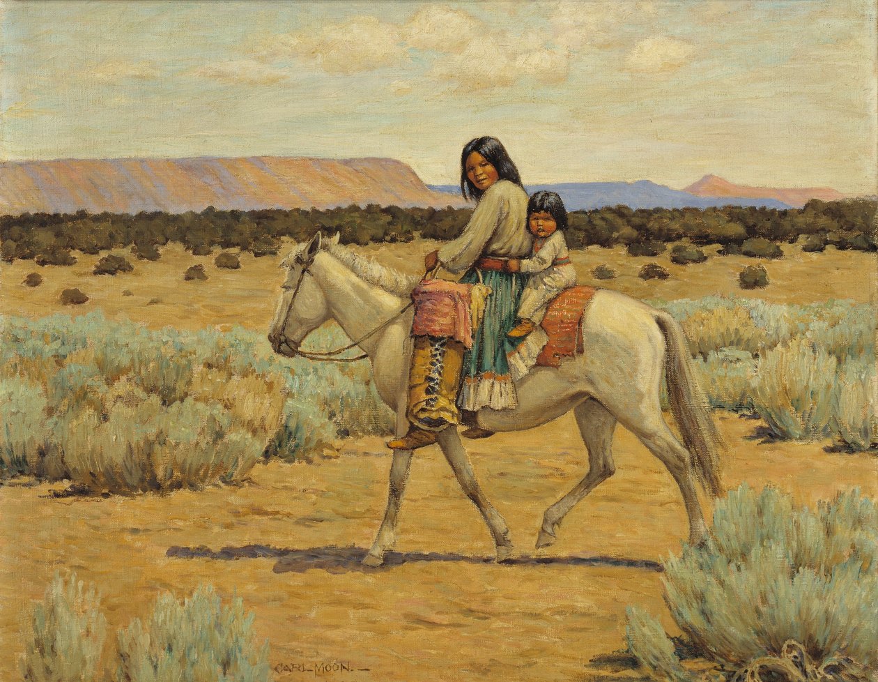 Madre e hijos apaches a caballo de Carl Moon