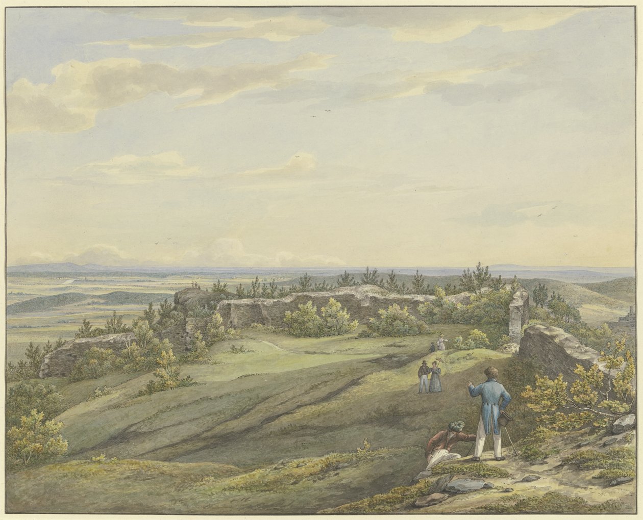 Patio del castillo en ruinas de Falkenstein con vista a la llanura del Meno, el Odenwald y las colinas del Rin de Carl Morgenstern