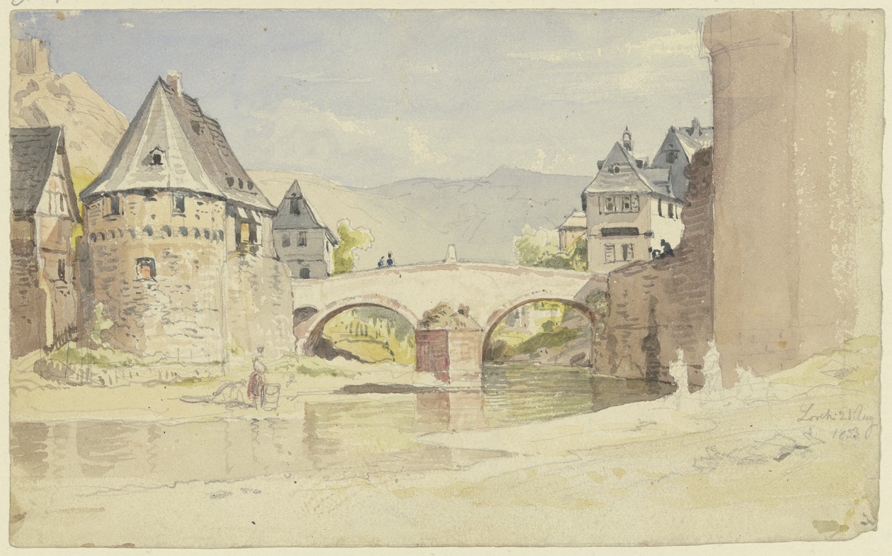 El antiguo puente de piedra de 1556 sobre el río Wisper, en Lorch, en el Rheingau de Carl Morgenstern