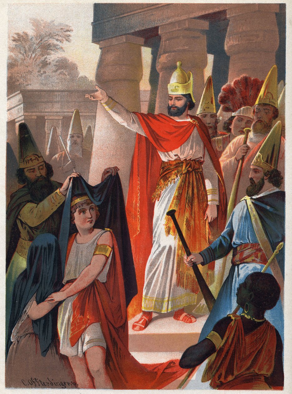 Por orden de Sarastro, un sacerdote extiende grandes velas negras sobre el Príncipe Tamino y la Princesa Pamina. Ilustración de Carl Offterdinger en 