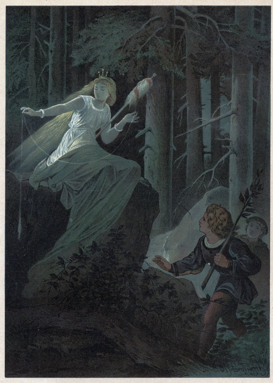 El hada huyendo con un huso dorado cantaba el destino de un botón dorado. Ilustración de Carl Offterdinger (1829-1889) en “Bouton d