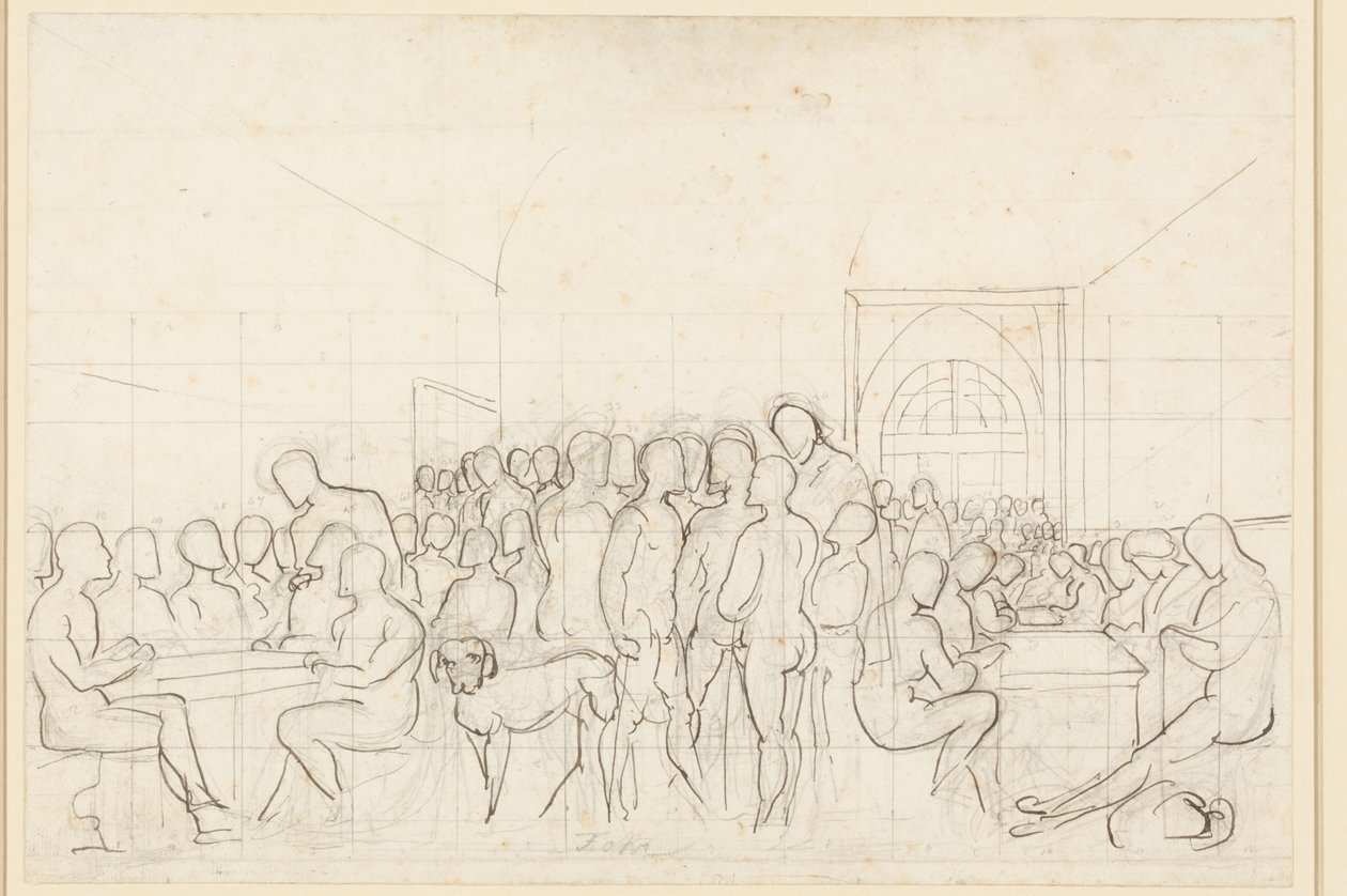 Primer boceto para el retrato colectivo de los artistas alemanes en Roma representados como figuras desnudas de Carl Philipp Fohr