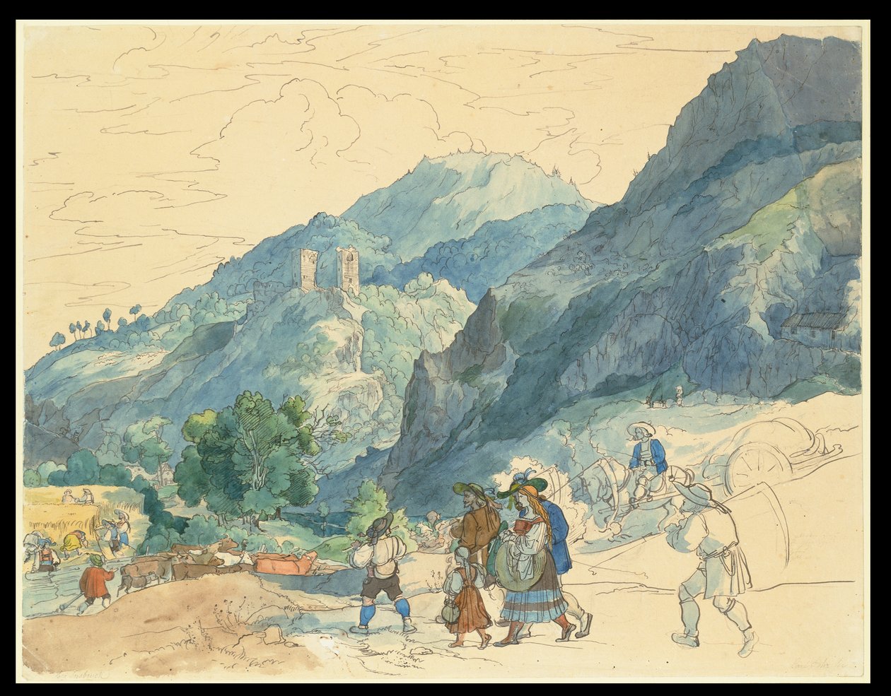 Paisaje cerca de Innsbruck con las ruinas de Fragenstein y gente del campo que regresa a casa y trabaja en los campos de Carl Philipp Fohr