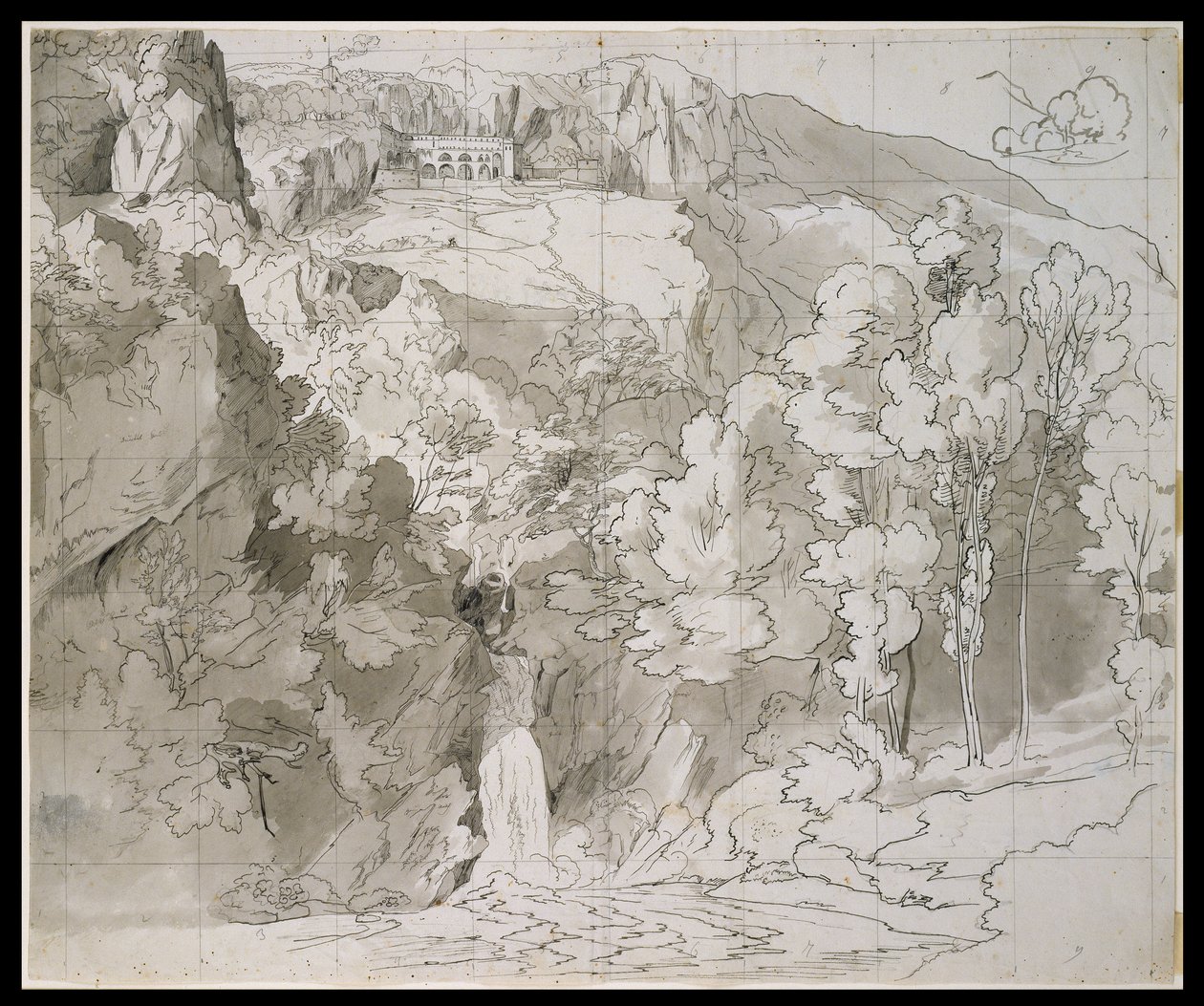 Paisaje cerca de Subiaco con una cascada y el monasterio de San Benedetto de Carl Philipp Fohr