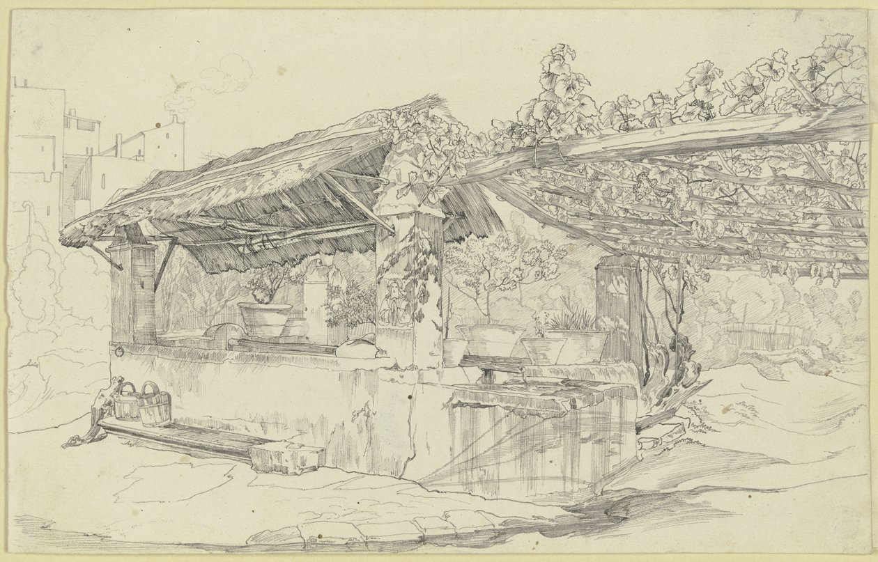 Caseta de pozo con techo de paja y lavadero junto a una parra de Carl Philipp Fohr