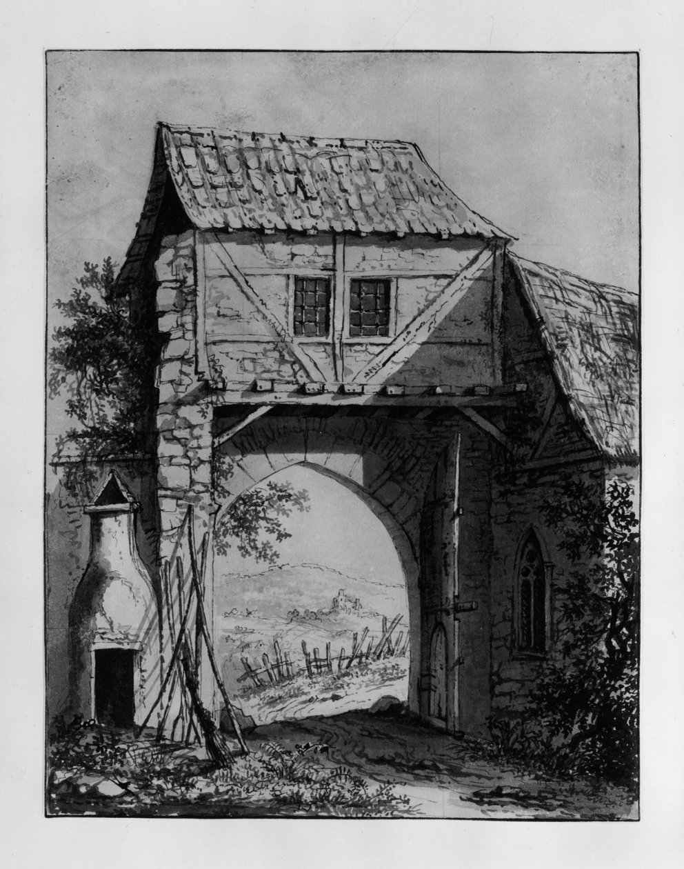 Edificio con portal con vista de un paisaje con ruina de Carl Philipp Fohr