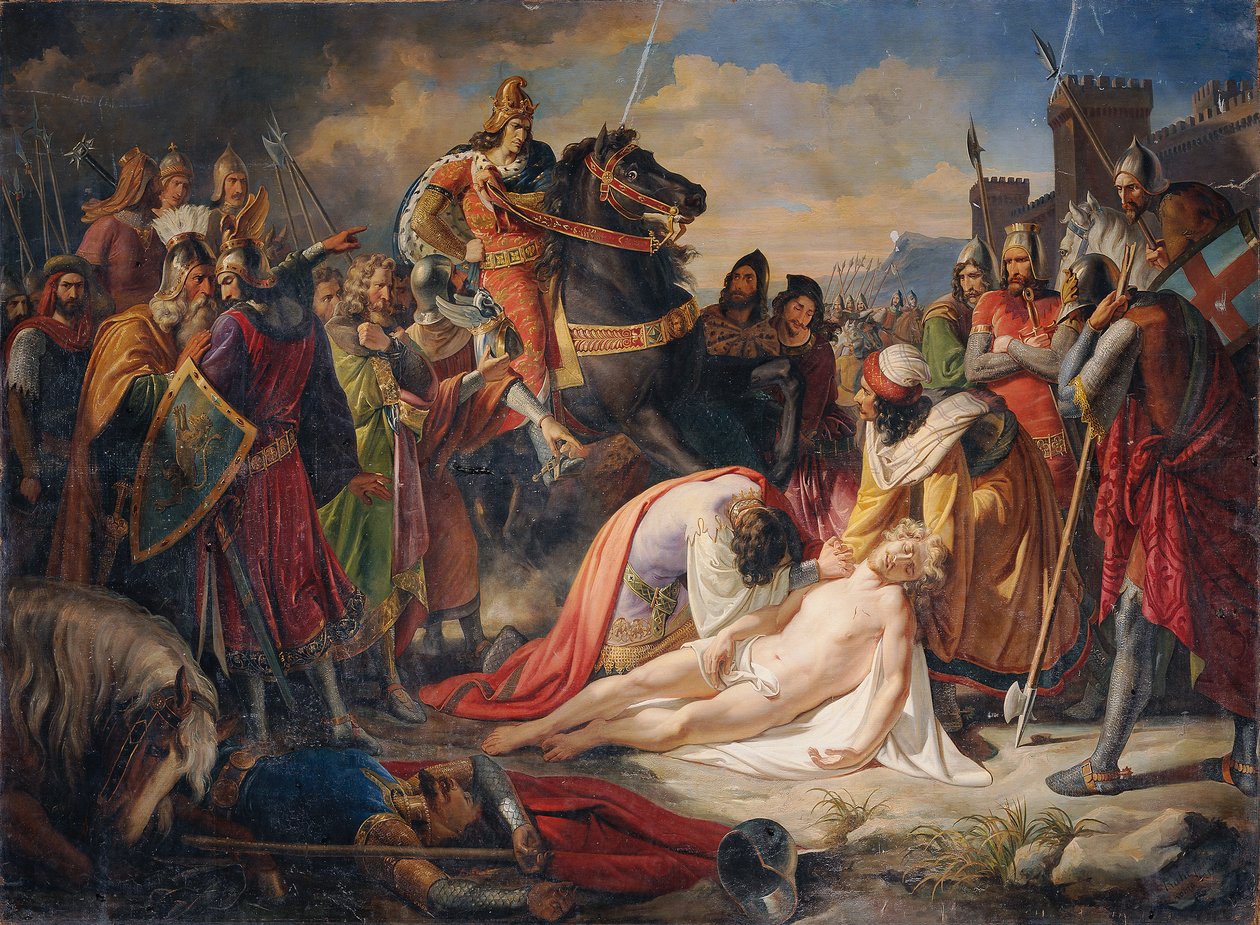 Carlos I de Anjou sobre el cuerpo de Manfredo tras la batalla de Benevento el 26 de febrero de 1266 de Carl Rahl