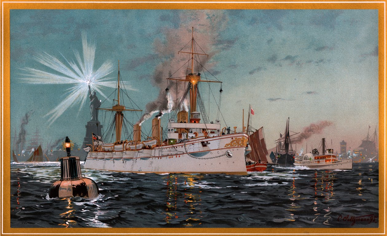 Emperatriz Augusta saliendo de Nueva York, cromolitografía de C. Saltzmann 95, nr13 de G. Wislicenus, Unsre Kriegsflotte de Carl Saltzmann