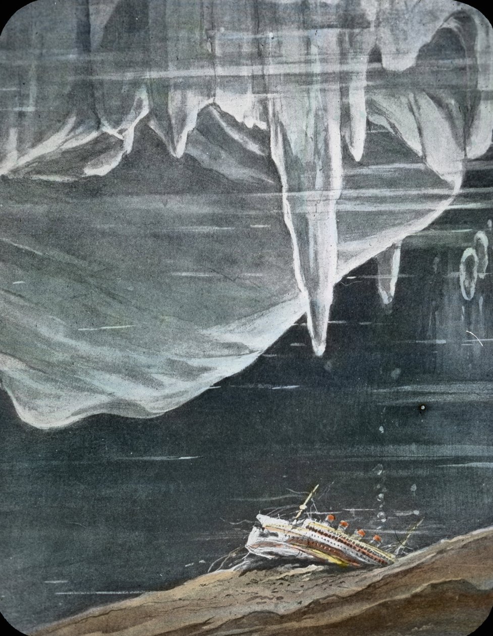 El viaje inaugural del Titanic 1912, desastre del Titanic, ilustración, el hundimiento del Titanic, historia, histórico, ilustración, Carl Simon, diapositiva de vidrio coloreada a mano. de Carl Simon