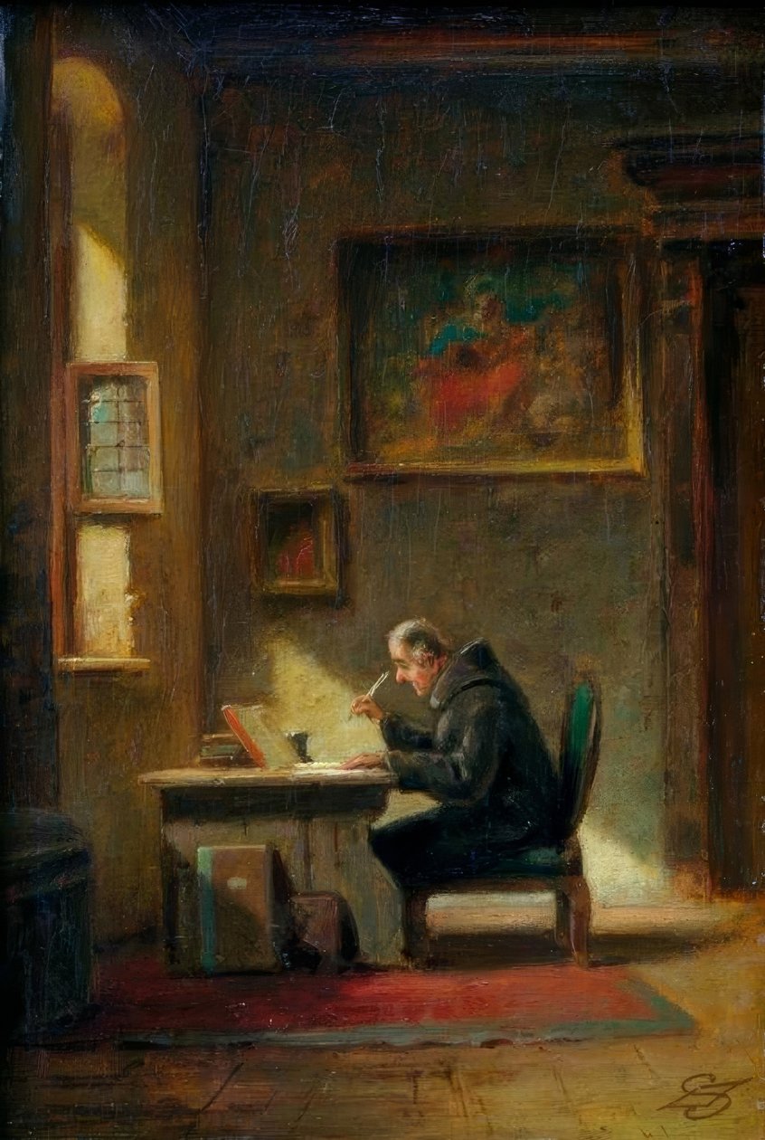 Monje erudito en el escritorio de Carl Spitzweg
