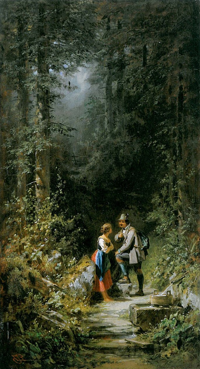 Cazador y pastora en la fuente del bosque de Carl Spitzweg