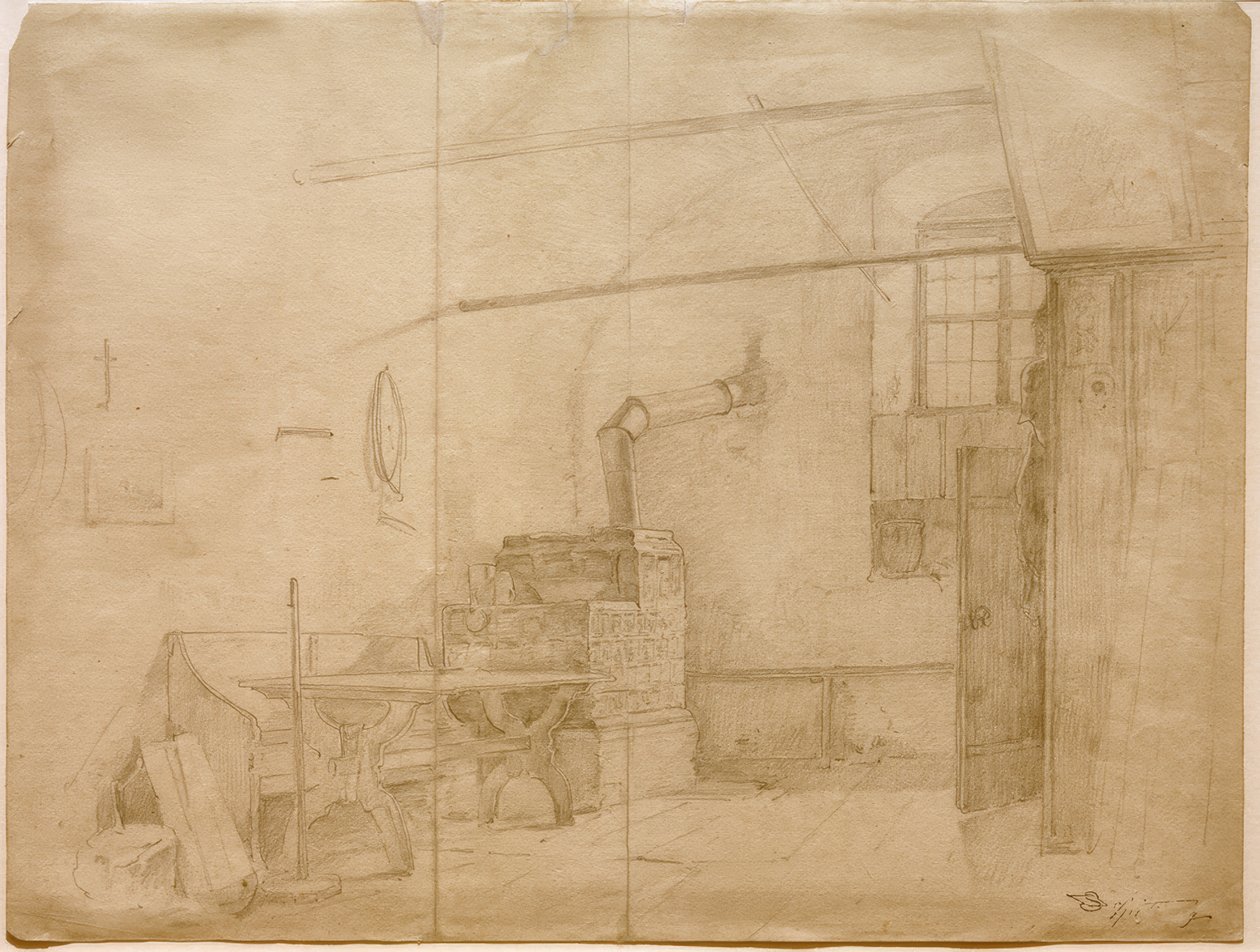Estufa de azulejos en la sala de estar campesina de Carl Spitzweg